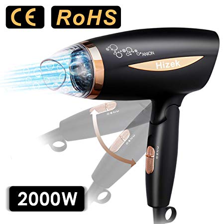 Hair Dryer,Hizek 2000W Powerful Ionic Hairdryer,Foldable Lightweight Blow Dryer for Travel and Family,Fast Drying with 3 Temperatures,Overheating Protection Function and Styling Nozzle (UK Plug)
