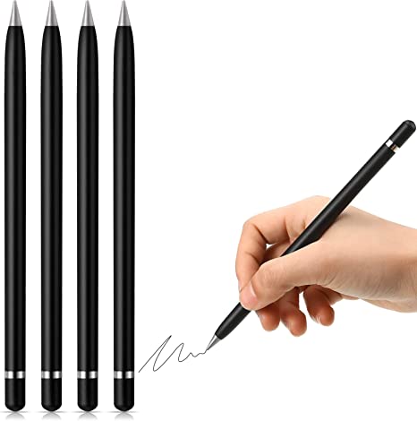 4 Pieces Metal Inkless Pen Aluminium Everlasting Pencil Metallic Erasable Signing Pen Eternal Pencil for Kids and Adults, Home Office School Supplies (Black)