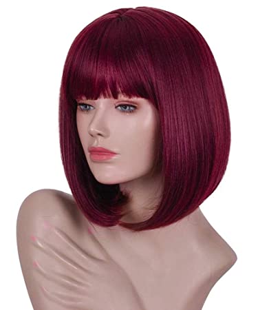 Dark Wine Red Short Bob Wig with Bangs for Black White Women Red Wigs (99j)