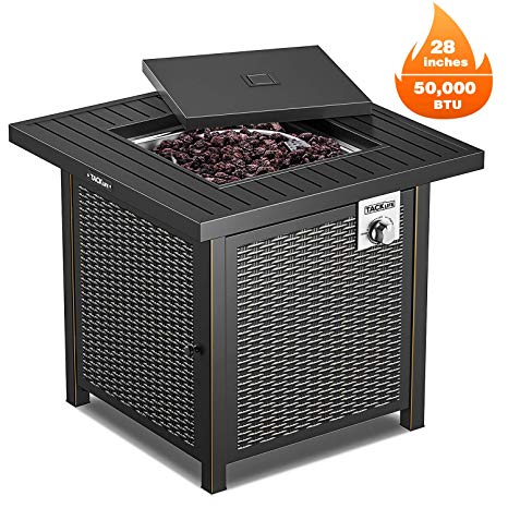 TACKLIFE Propane Fire Pit Table, Outdoor Companion, 28 Inch 50,000 BTU Auto-Ignition Gas Fire Pit Table with Cover, CSA Certification and Strong Striped Steel Surface, as Table in Summer, Stove in Win