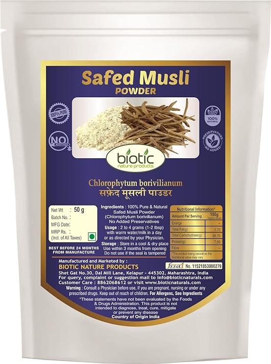 Biotic Natural Safed Musli Powder (Chlorophytum borivilianum) Safed Musali Root Powder - Swet Musli Churna - White Musli Powder - 50 gm