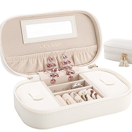 LELADY Small Jewelry Box Portable Travel Jewelry Case Organizer Faux Leather Storage Holder with Mirror for Earrings Rings Necklaces, Gifts for Women Girls Small Size (White)