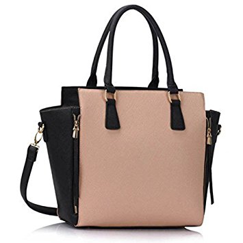Ladies Shoulder Bags Womens Large Designer Handbags Tote Shoulder Faux Leather Fashion Bags (Black/Nude Shoulder Bag)