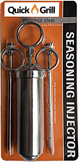 Quick Grill 2 Oz Stainless Steel Deluxe Seasoning & Marinade Injector with 2 Gourmet Marinade Needles. Must Have BBQ Accessory - Great for Turkey, Chicken, Brisket, Roasts and Pork