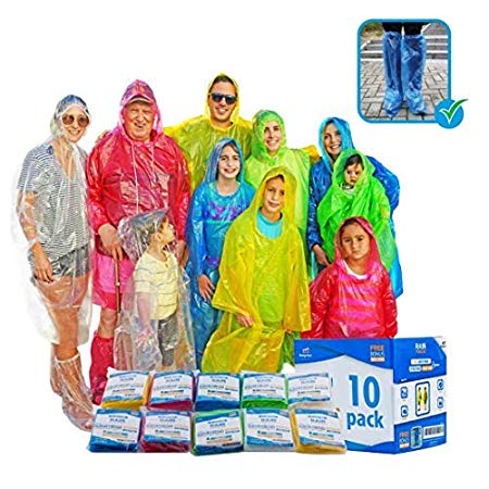 Emergency Family Rain Ponchos Extra Thick – 4 and 10 Pack Disposable Plastic Raincoat Bundled with Shoe Covers for Adults and Kids – Assorted Colors and 100% Waterproof Rain Gear (4,10 Pack)
