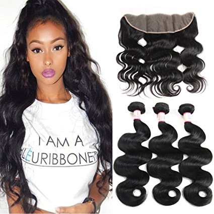 Ms Taj Brazilian Hair Body Wave 3 Bundles With Frontal Closure 7A 13x4 Ear To Ear Free Part Lace Frontal With Bundles Unprocessed Virgin Human Hair Extensions (10 10 10 8'' frontal)