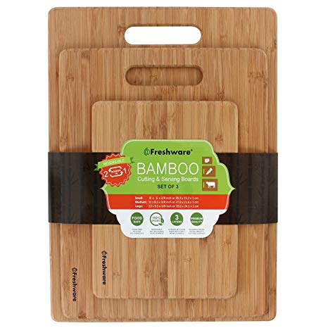 Freshware BC-200PK Bamboo Cutting Eco-Friendly Wood Chopping Boards for Food Prep, Meat, Vegetables, Fruits, Crackers & Cheese, 3 Piece, 100% Natural