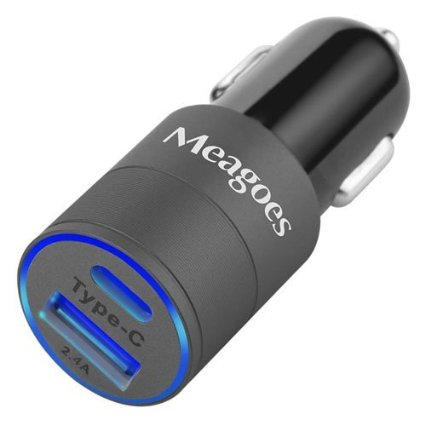 Meagoes USB Type C Car Charger Adapter with Type C and Standard USB A Outputs For Apple MacBook 12", Nokia N1, Nexus 5X 6P, Lumia 950/950XL, and More[Space Gray]