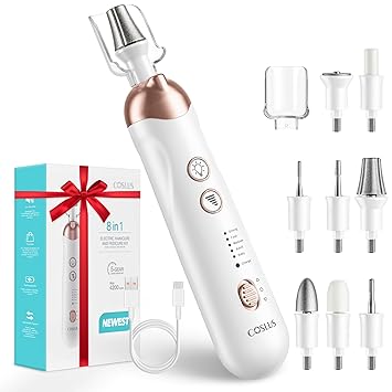 Professional Manicure Pedicure Kit Cordless: COSLUS 8 in 1 Electric Nail Drill Tools 5 Speed Nail File Cuticle Grinder for Thick Toenail 8Pcs Nail Drill Bits LED Pedicure Tools for Feet Hand Women Men