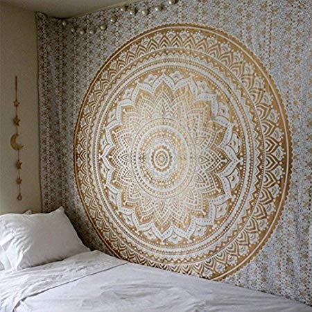 QuanCheng Popular Indian hippie mandala blue tapestry multi-purpose decorative wall hanging,Wall Tapestry (82W×59L, Gold)