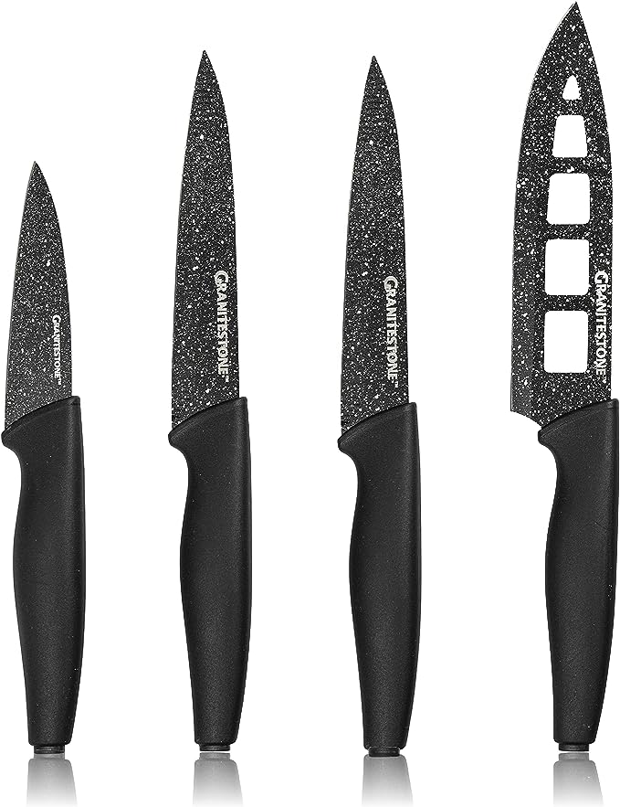 Nutriblade 4 Pc Kitchen Knife Set, Sharp Stainless Steel Knives Set Kitchen with Easy Grip Handle, Couteau Cuisine, Black Kitchen Knives Without Block, Nonstick Granitestone Coating AS SEEN ON TV