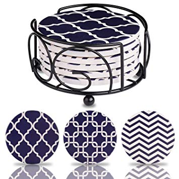 Blue Coasters for Drinks Absorbent Ceramic Stones with Holder & Cork Back - 6 Pieces for Stain-Free Furniture, Ideal Housewarming Gift & Home Decor - Mix Patterns of Chevron, Moroccan & Trellis