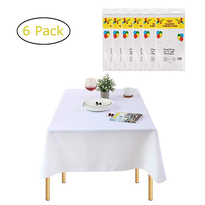 Plastic Tablecloths for Rectangle Tables - 6 Pack, Candywe Disposable Plastic Tablecloth 54 Inch. x 108 Inch. 6 to 8 Foot, Rectangle Plastic Table Cover for Parties Birthdays Weddings Picnics