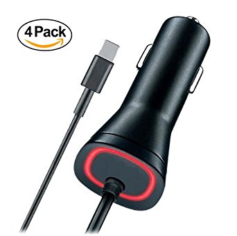 New USB Type C Car Charger 6 Foot Coiled Cord With Charge Light Indicator For LG G5 V20,Nexus 6P 5X,MacBook 12",Google Pixel XL,OnePlus 2,Type C USB Devices (4x Charger)
