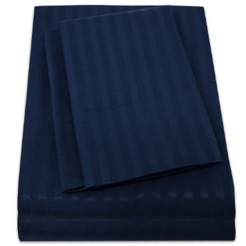 1500 Supreme Collection Dobby Striped Sateen 4 Piece Bed Sheet Set Deep Pocket - All Sizes, 23 Colors - King, Dobby Stripe Navy