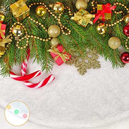GLIME Christmas Tree Skirt 48 Inch White Xmas Tree Skirts with LED Light Plush Faux Fur for Halloween Xmas Decorations Holiday Party Indoor Outdoor Decoration