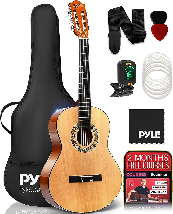 Pyle Beginner Acoustic Guitar Kit, 4/4 Full Size All Wood Instrument for Beginners, Adults, 39" Natural Gloss