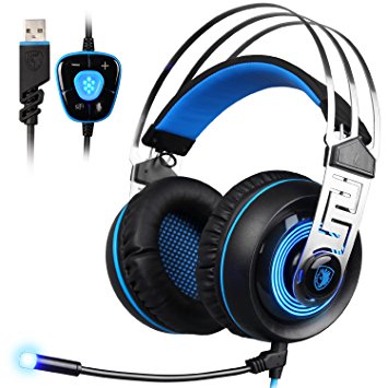 SADES A7 7.1 Virtual Surround Sound USB Gaming Headset with Microphone Intelligent Noise Cancelling Gaming Headphones LED Light for Laptop PC Mac (Black&Blue)