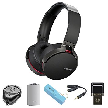 Sony XB950BT Extra Bass Bluetooth Headphones - Black (MDRXB950BT/B)with HardBody Sized Headphone Case, A3 Port. Headphone Amplifier, 2600mAh Port. Keychain Power Bank, Splitter & 32GB Flash Drive