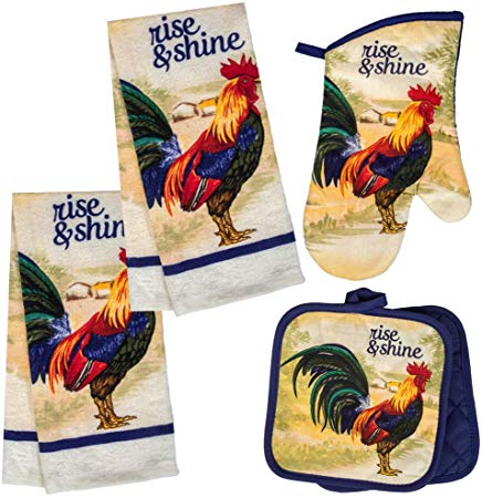Rooster Themed Kitchen Towel Set with 2 Quilted Pot Holders, 2 Dish Towels and 1 Oven Mitt
