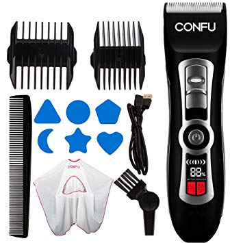 Hair Clippers CONFU Cordless Rechargeable Hair Trimmers with LCD Display Washable Hair Cutting Kit with 4 Guide Comb Grooming Kit for Barber Shop or Home Suit for Women Men Kids and Babies