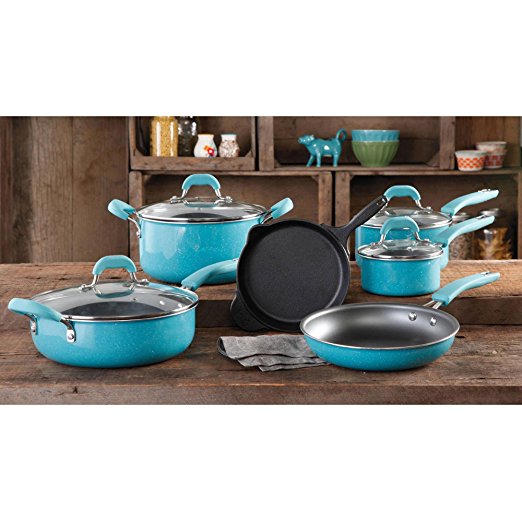 The Pioneer Woman Vintage Speckle 10-Piece Non-Stick Pre-Seasoned Cookware Set, Turquoise Dishwasher Safe
