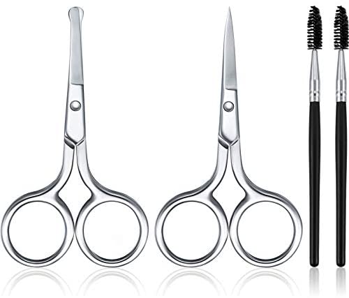 4pack Facial Hair Scissors Eyebrow Grooming Scissors Beard Nose Hair Trimming Scissor Curved and Rounded Stainless Steel Tip Scissor with Eyebrow Brush