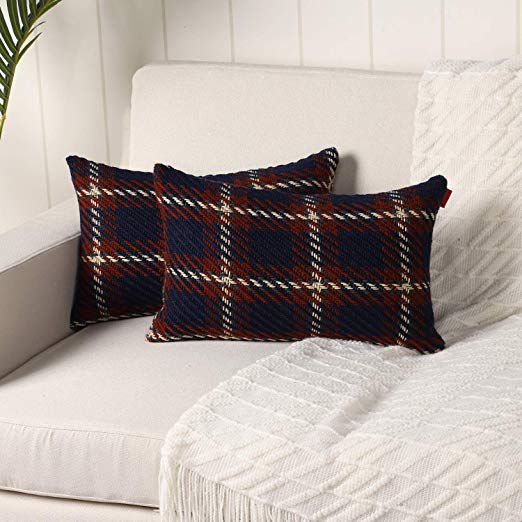 Mandioo Pack of 2 Knitted Buffalo Check Throw Pillow Covers Luxury Cushion Cases Decorative Pillow Shell for Sofa Bedroom Blue and White 12 x 20 Inches Rectangle