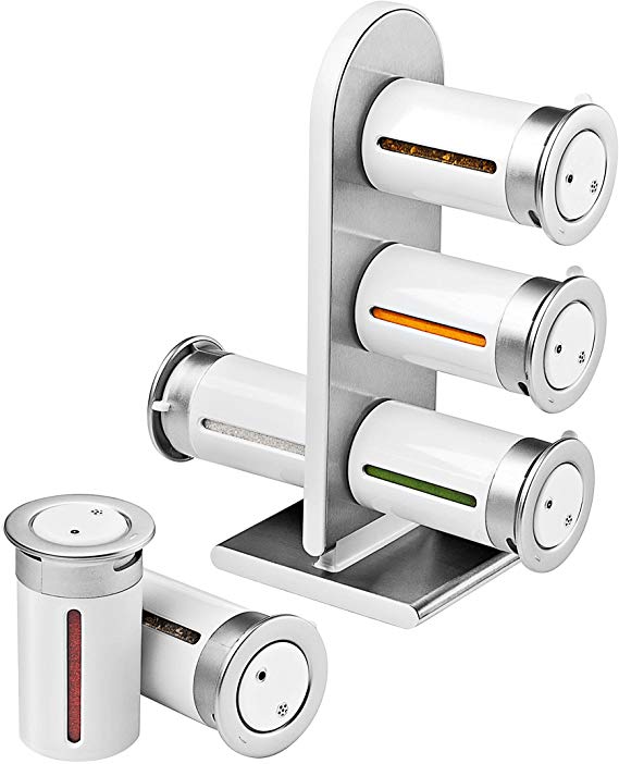 Zevro KCH-06096 Zero Gravity Countertop Magnetic Spice Rack with Canister, White/Silver - Set of 6