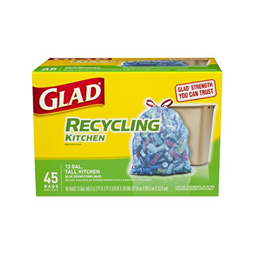 Glad Tall Kitchen Drawstring Recycling Trash Bags, Blue, 45 Count 2ft*2ft, 13 gal