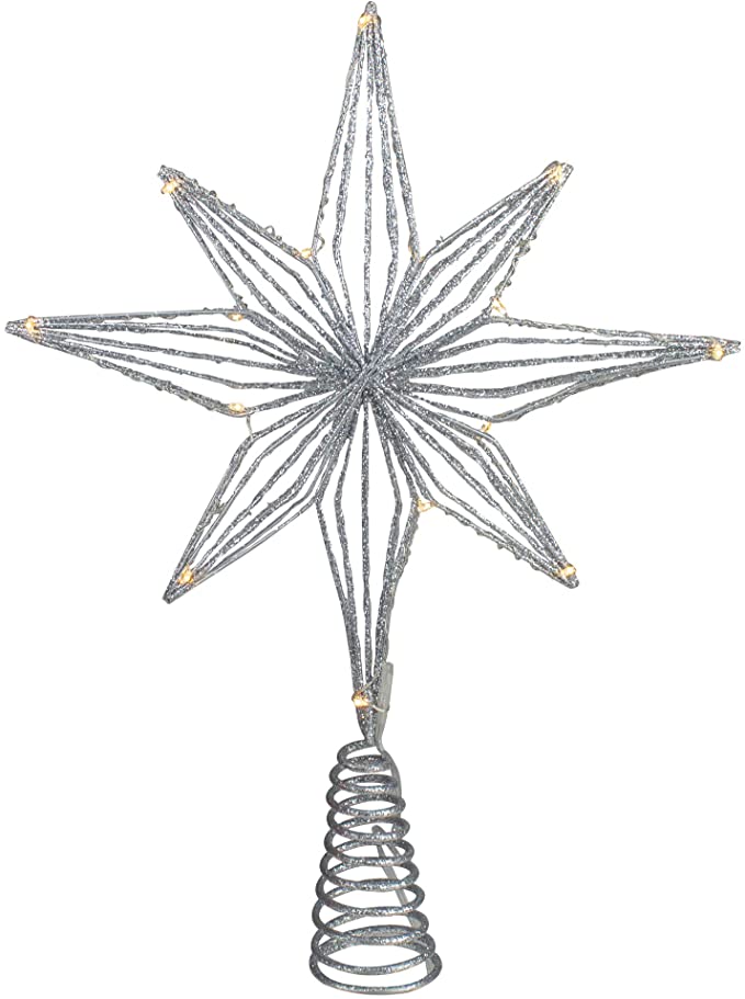 13.75" LED Lighted B/O Silver Glittered Geometric Star Christmas Tree Topper - Warm White Lights