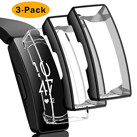 NANW Screen Protector Case Compatible with Fitbit Inspire HR/Inspire, 3 Pack TPU Rugged Bumper Case Cover All-Around Protective Plated Bumper Shell (Clear Black Black)