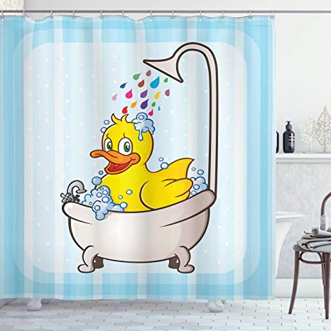 Ambesonne Duck Shower Curtain, Cartoon Character Taking a Bath Colorful Drops Blue Backdrop with Dots Kids Nursery, Cloth Fabric Bathroom Decor Set with Hooks, 70" Long, Yellow Blue