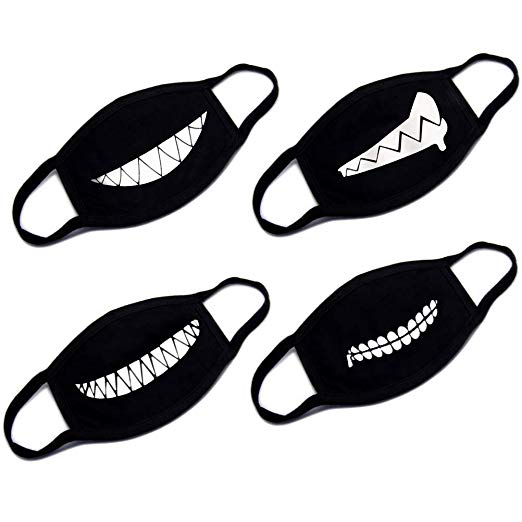 Mouth Mask, EUBags 4 Pcs Mouth Face Mask for Dust Black Teeth Pattern Cotton Face Cover for Halloween Cosplay Party Cycling Outdoor