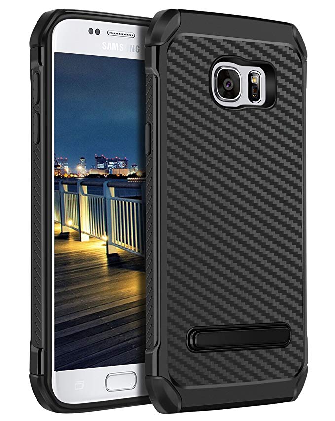 BENTOBEN Samsung S7 Case, Galaxy S7 Case, Protective Carbon Fiber Texture Phone Cases, 2 in 1 Heavy Duty Hard PC Cover Soft TPU Bumper Shockproof Phone Case Cover with Kickstand -Black