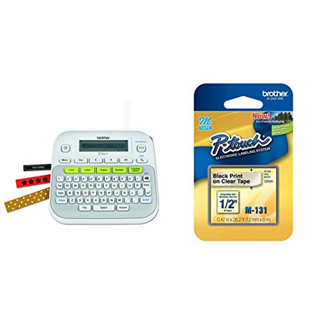 Brother P-Touch, PTD210, Easy-to-Use Label Maker, One-Touch Keys, White & Genuine P-Touch M-131 Tape, 1/2" (0.47") Standard P-Touch Tape, Black on Clear, 26.2 Feet (8M), Single-Pack