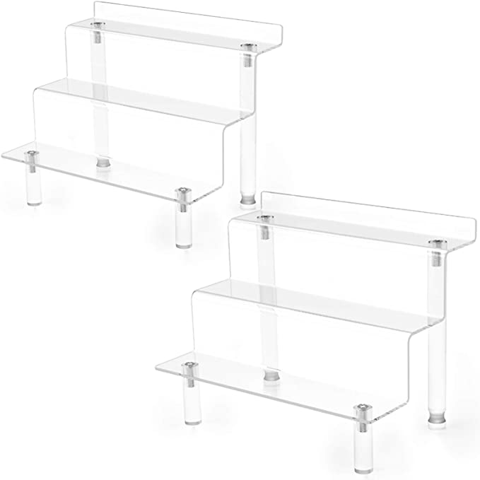 Crostice Acrylic Display Stand 3-Tier Clear Riser Display Shelf for Amiibo Funko POP Figures Cupcakes and Dessert, Desktop Organizer for Cosmetic Items and Craft Show (9 x 6 inch, 2 Pack)