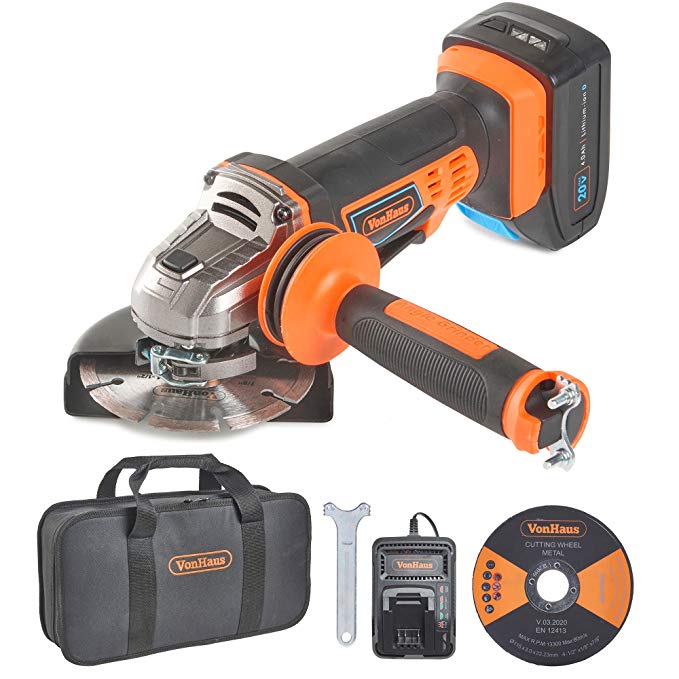 VonHaus 20V MAX Cordless 4 1/2” Angle Grinder Set with 1x Cutting Disc, 1x Diamond Tipped Disc and Adjustable Auxiliary Handle - Includes 4.0Ah Lithium-ion Battery, Smart Charger and Power Tool Bag