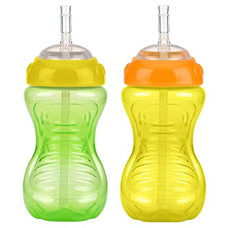 Nuby 2-Pack 10 Ounce No-Spill Cup with Flexi Straw, Green/Yellow