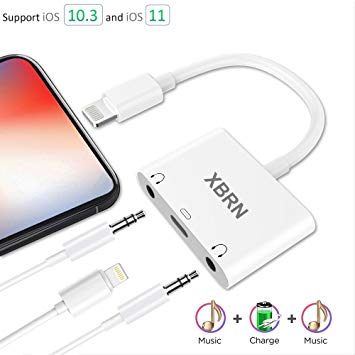 XBRN 3 in 1 iPhone Headphone Adapter, Lightning to 3.5 mm Headphone Jack Adapter Dual Aux Audio and Lightning Charge Splitter Cable Connector for iPhone X/8/8 Plus/7/7 Plus
