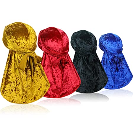 4 Pieces Crushed Velvet Wave Durag – Silky Durag Headwraps with Extra Long Tail Perfect for 360 Waves