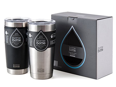 Bottlebottle Insulated Tumbler 2 Pack - Two 20 oz Vacuum Insulated Coffee Travel Mug Double Walled Travel Cup, Night Black & Silver