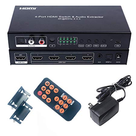 DTECH 4X1 HDMI 2.0 Switch 4K 60Hz 4:4:4 HDR 18Gbps Audio Extractor with SPDIF Optical Toslink L/R RCA Output IR Remote HDCP 2.2 ARC CEC - 4 in 1 Out