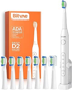 Bitvae Electric Toothbrush for Adults and Kids with 8 Brush Heads, 5 Modes, ADA Accepted Sonic Toothbrush with Holder, Rechargeable Electric Toothbrush with Smart Timer, White D2