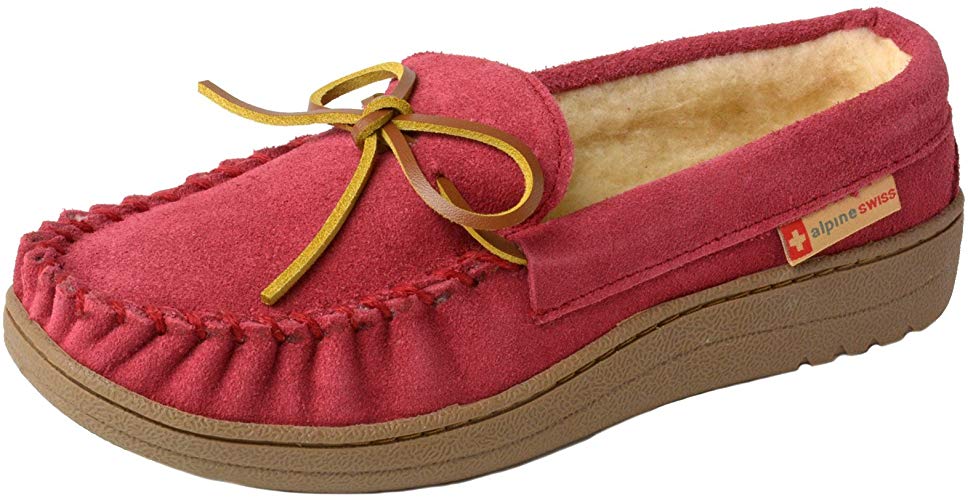 alpine swiss Sabine Womens Genuine Suede Shearling Slip On Moccasin Slippers