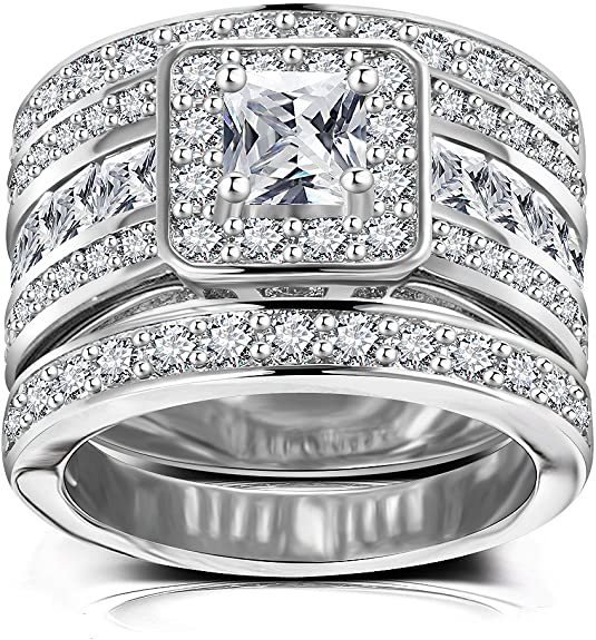 Hiyong Princess Cut Wedding Rings Set - Square Cluster CZ Enhancer Guard 3pcs Halo Bridal Bands Size 5-11