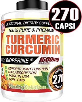 Turmeric Curcumin with Bioperine 1500mg (270 Capsules) Maximum Potency Pain Relief & Joint Support Supplement 95% Standardized Curcuminoids. Non-GMO Tumeric Gluten Free Turmeric with Black Pepper