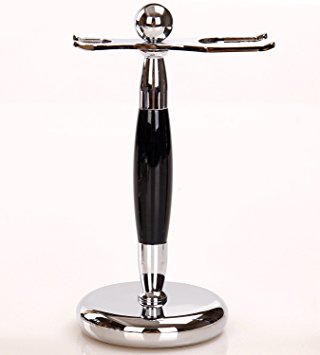 Deluxe Stainless Steel Shaving Brush Stand Holder for Razor & Brush Weighted Base Black Handle