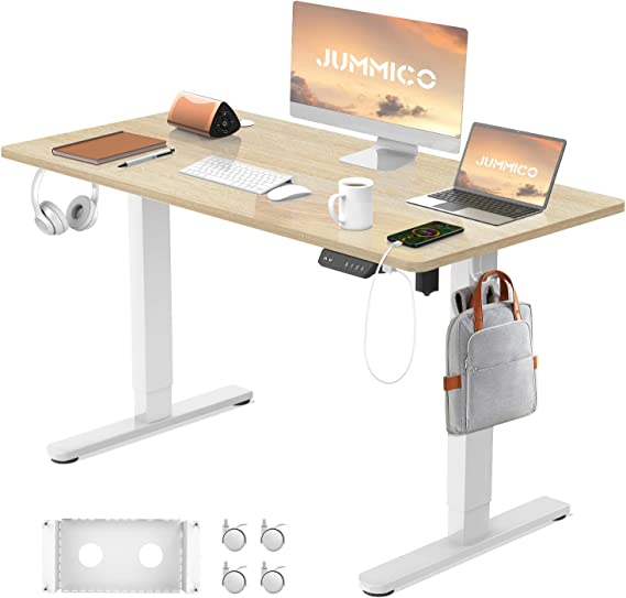 JUMMICO Electric Standing Desk with TypeC & USB Charging Port, Height Adjustable Table Sit Stand Desk with Cable Tray, Stand Up Desk with 360° Wheels, 120 * 60cm Desktop for Home Office (Oak)