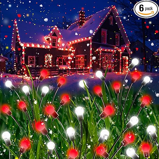 6-Pack Christmas Solar Garden Lights, Upgraded Firefly Solar Lights Fairy Garden Decor (Sway by Wind), Waterproof Christmas Solar Lights for Yard Patio Pathway Christmas Decorations (Red & White)